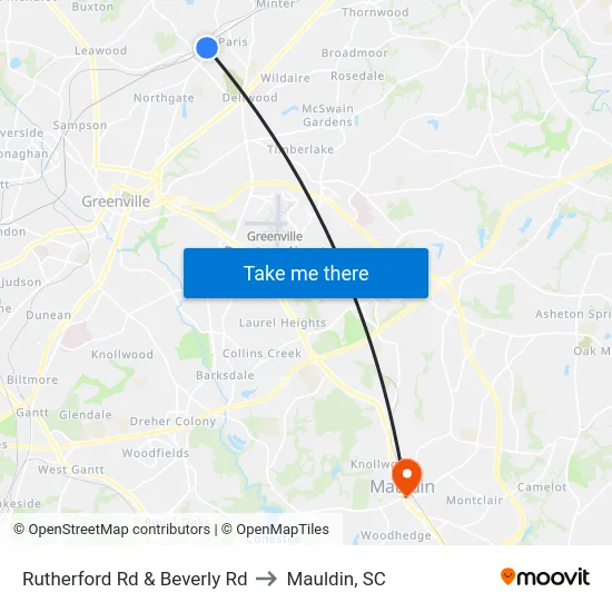 Rutherford Rd & Beverly Rd to Mauldin, SC map