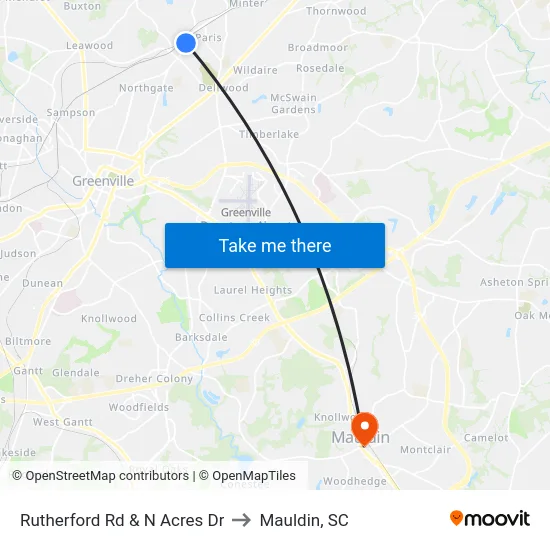 Rutherford Rd & N Acres Dr to Mauldin, SC map