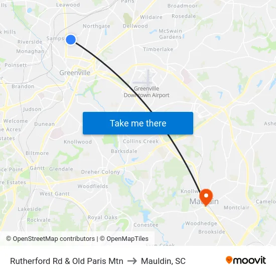 Rutherford Rd & Old Paris Mtn to Mauldin, SC map
