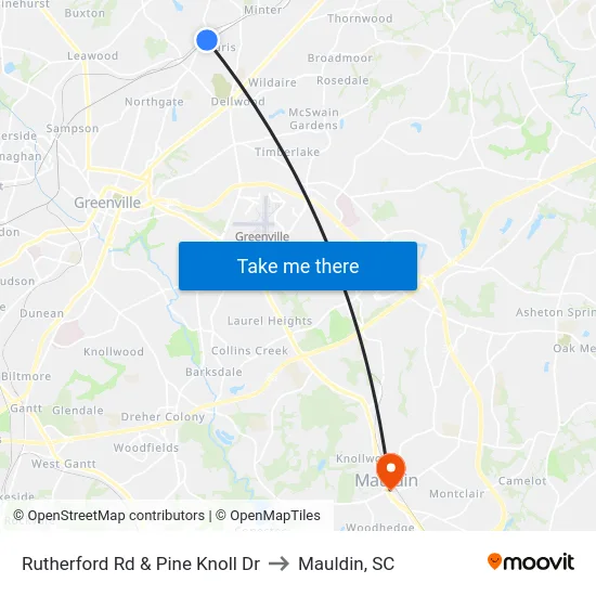 Rutherford Rd & Pine Knoll Dr to Mauldin, SC map