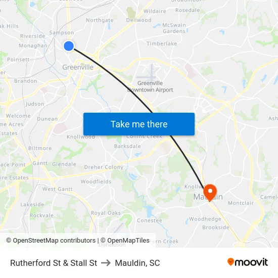 Rutherford St & Stall St to Mauldin, SC map