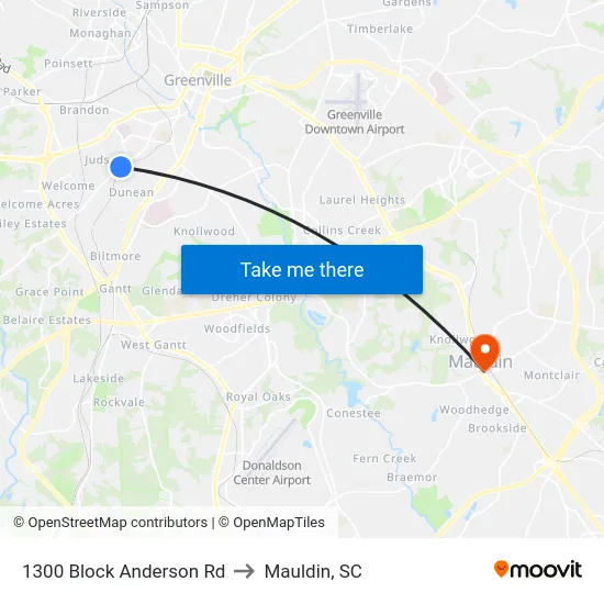 1300 Block Anderson Rd to Mauldin, SC map
