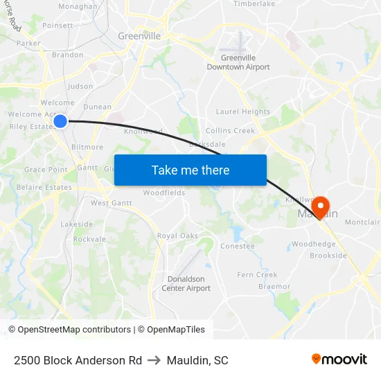 2500 Block Anderson Rd to Mauldin, SC map