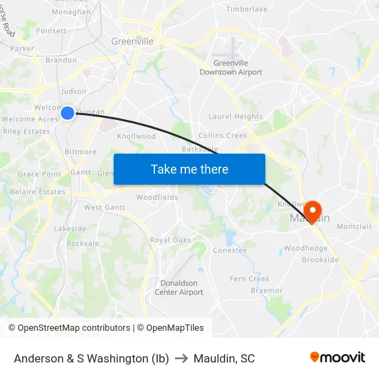 Anderson & S Washington (Ib) to Mauldin, SC map