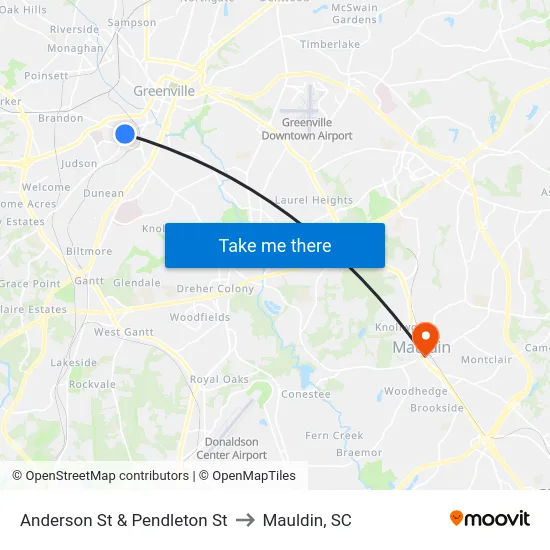 Anderson St & Pendleton St to Mauldin, SC map