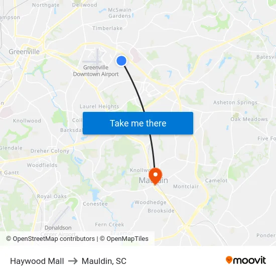Haywood Mall to Mauldin, SC map