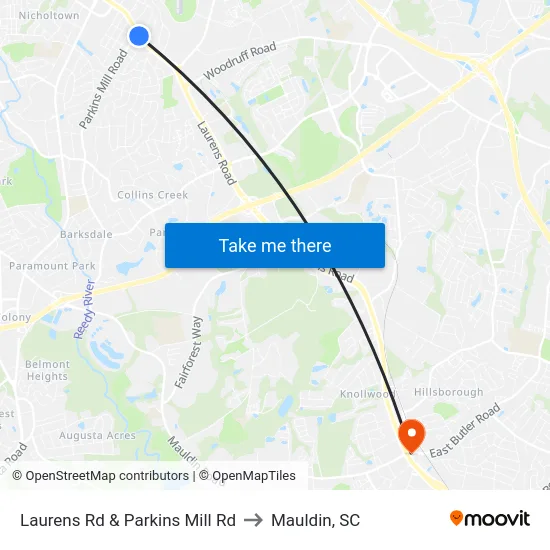 Laurens Rd & Parkins Mill Rd to Mauldin, SC map