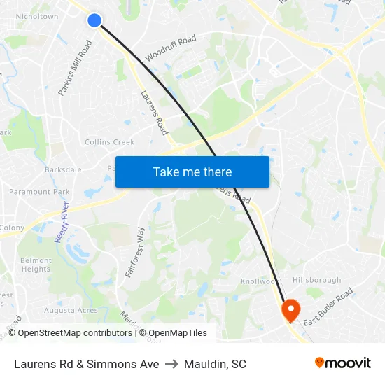 Laurens Rd & Simmons Ave to Mauldin, SC map