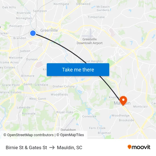 Birnie St & Gates St to Mauldin, SC map