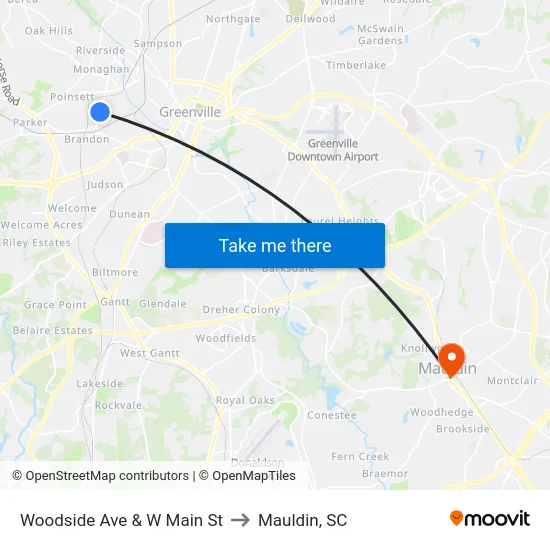 Woodside Ave & W Main St to Mauldin, SC map