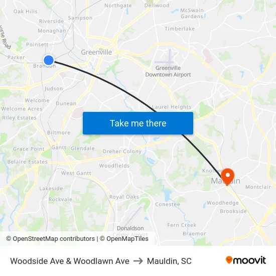 Woodside Ave & Woodlawn Ave to Mauldin, SC map