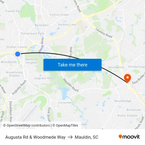 Augusta Rd & Woodmede Way to Mauldin, SC map
