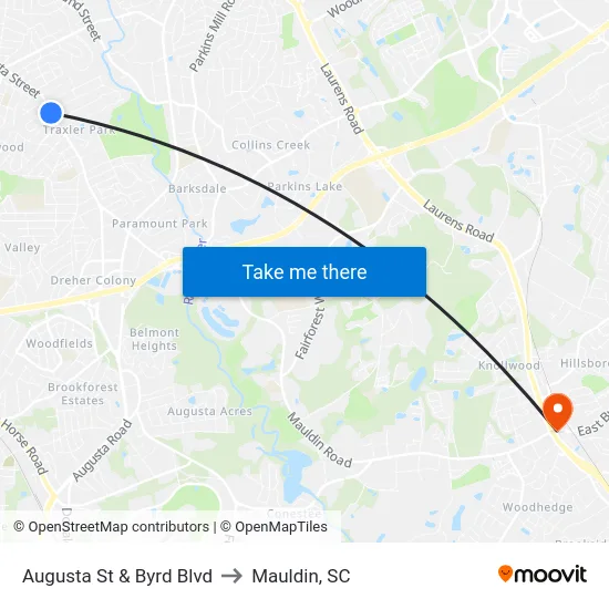 Augusta St & Byrd Blvd to Mauldin, SC map
