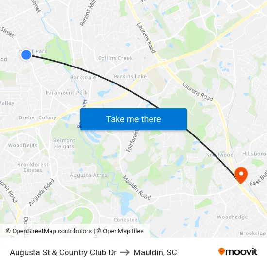 Augusta St & Country Club Dr to Mauldin, SC map