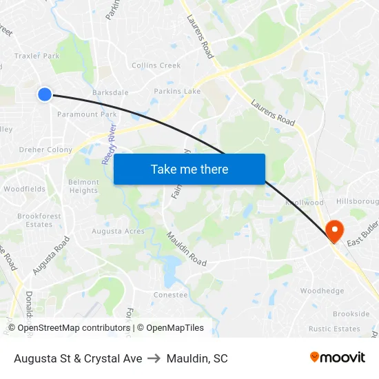 Augusta St & Crystal Ave to Mauldin, SC map