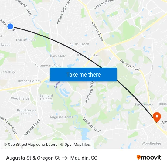 Augusta St & Oregon St to Mauldin, SC map