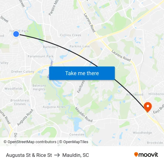 Augusta St & Rice St to Mauldin, SC map