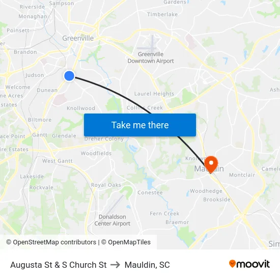 Augusta St & S Church St to Mauldin, SC map