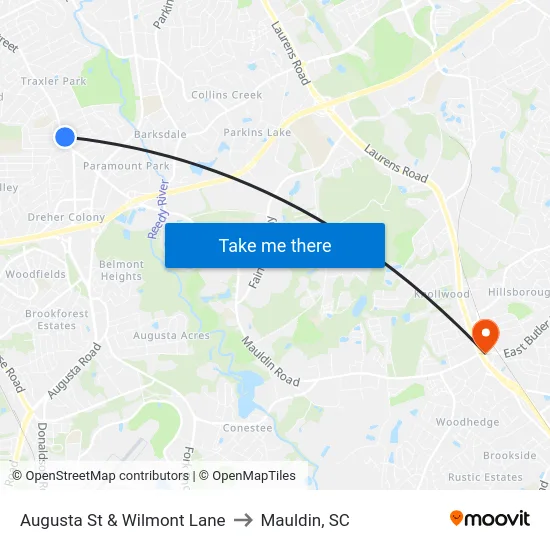 Augusta St & Wilmont Lane to Mauldin, SC map