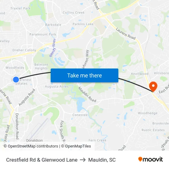 Crestfield Rd & Glenwood Lane to Mauldin, SC map