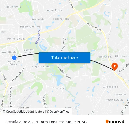 Crestfield Rd & Old Farm Lane to Mauldin, SC map