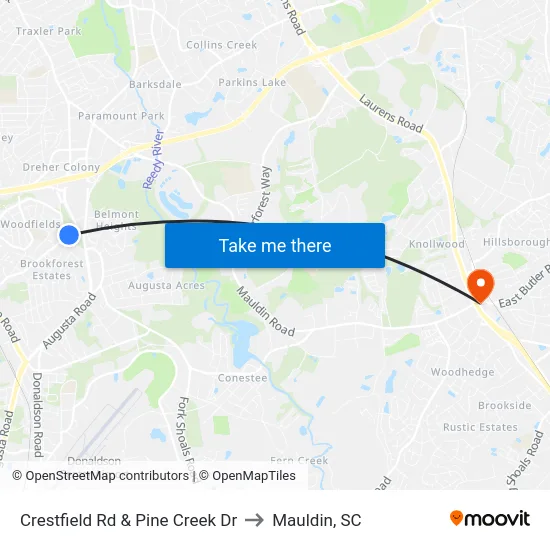 Crestfield Rd & Pine Creek Dr to Mauldin, SC map