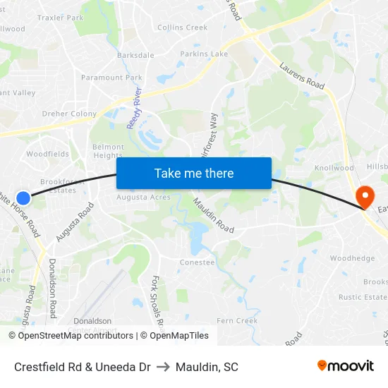 Crestfield Rd & Uneeda Dr to Mauldin, SC map
