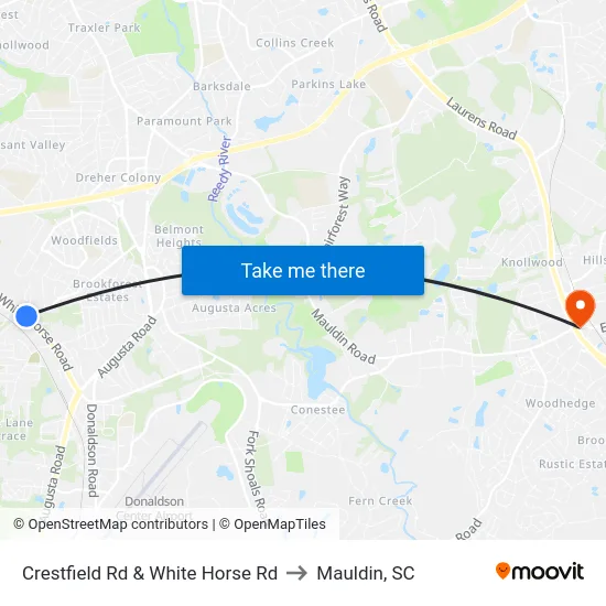 Crestfield Rd & White Horse Rd to Mauldin, SC map