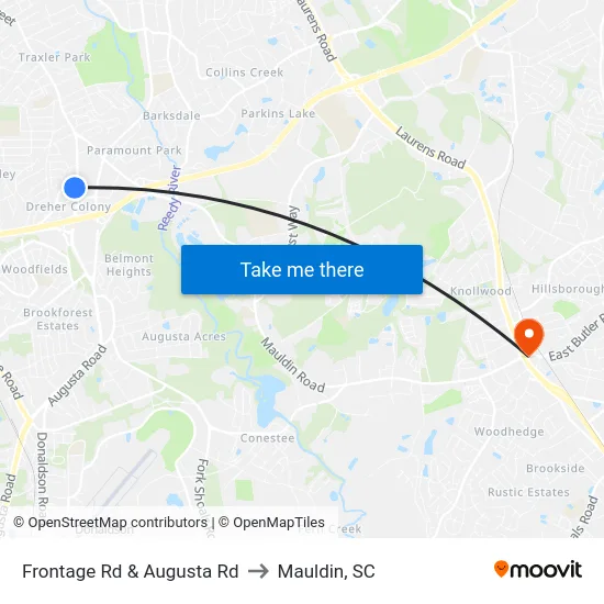 Frontage Rd & Augusta Rd to Mauldin, SC map