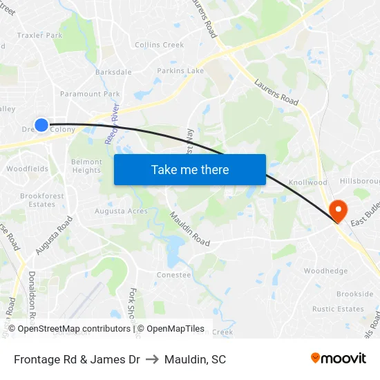 Frontage Rd & James Dr to Mauldin, SC map