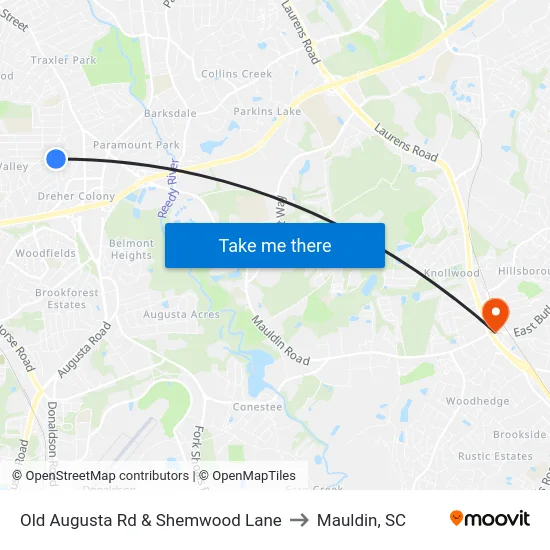 Old Augusta Rd & Shemwood Lane to Mauldin, SC map