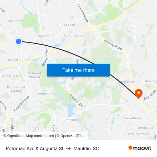 Potomac Ave & Augusta St to Mauldin, SC map