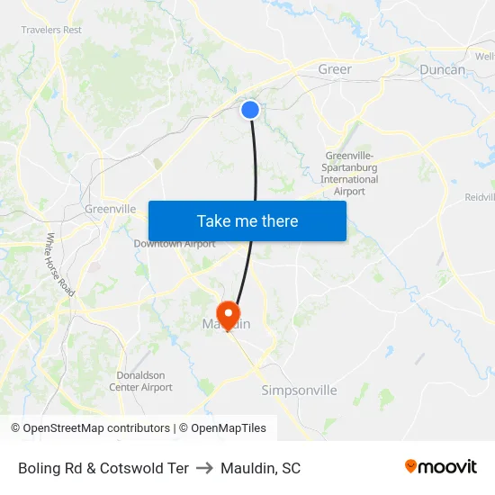 Boling Rd & Cotswold Ter to Mauldin, SC map