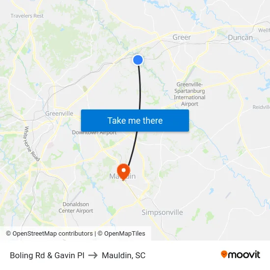 Boling Rd & Gavin Pl to Mauldin, SC map