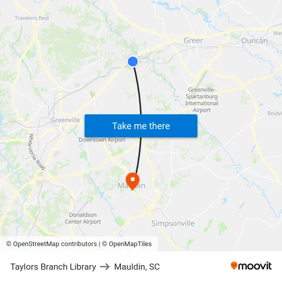 Taylors Branch Library to Mauldin, SC map