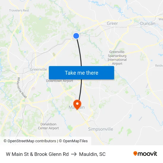 W Main St & Brook Glenn Rd to Mauldin, SC map