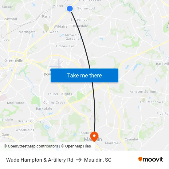 Wade Hampton & Artillery Rd to Mauldin, SC map