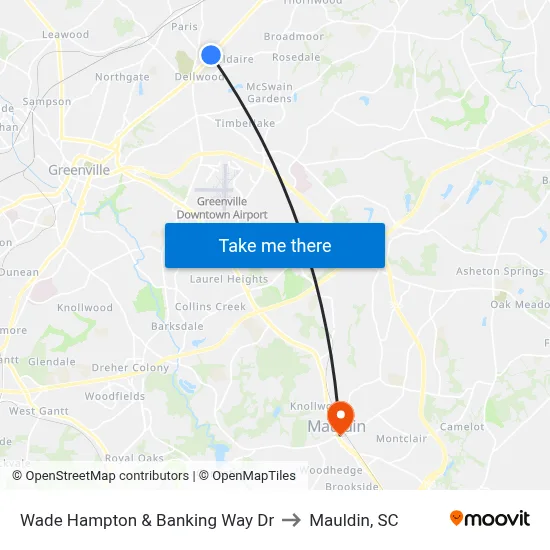 Wade Hampton & Banking Way Dr to Mauldin, SC map