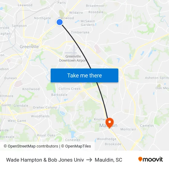 Wade Hampton & Bob Jones Univ to Mauldin, SC map