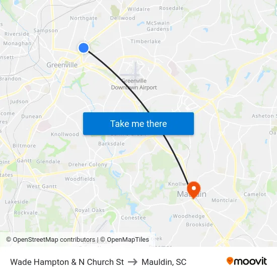 Wade Hampton & N Church St to Mauldin, SC map