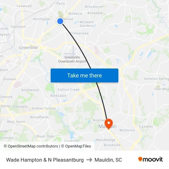 Wade Hampton & N Pleasantburg to Mauldin, SC map
