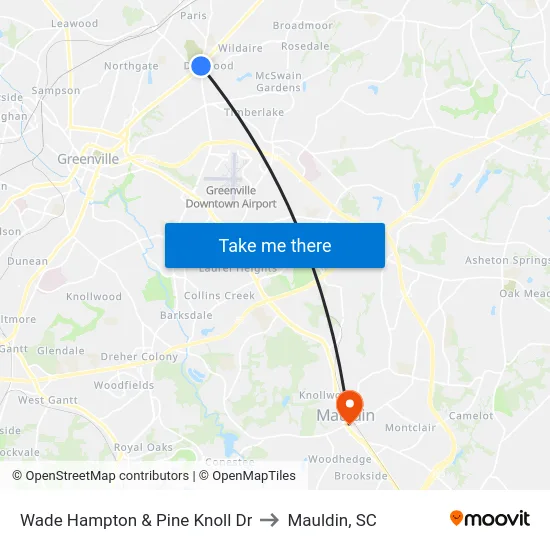 Wade Hampton & Pine Knoll Dr to Mauldin, SC map