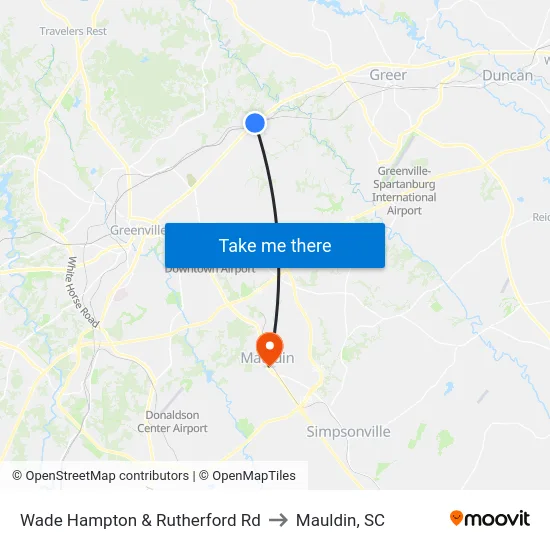 Wade Hampton & Rutherford Rd to Mauldin, SC map