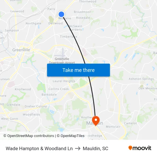 Wade Hampton & Woodland Ln to Mauldin, SC map