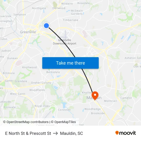 E North St & Prescott St to Mauldin, SC map