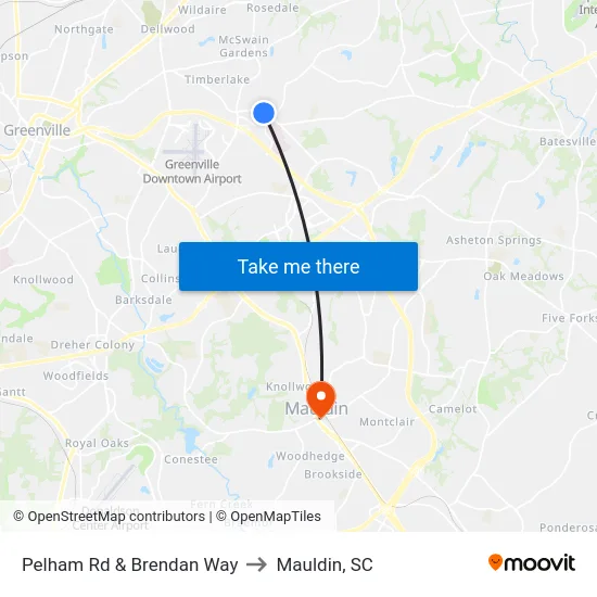 Pelham Rd & Brendan Way to Mauldin, SC map