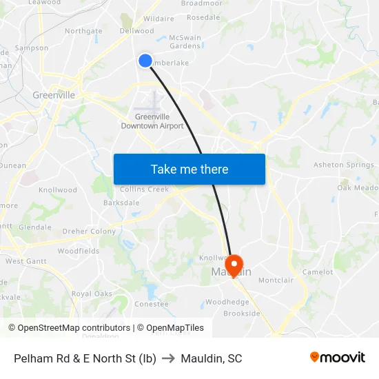 Pelham Rd & E North St (Ib) to Mauldin, SC map