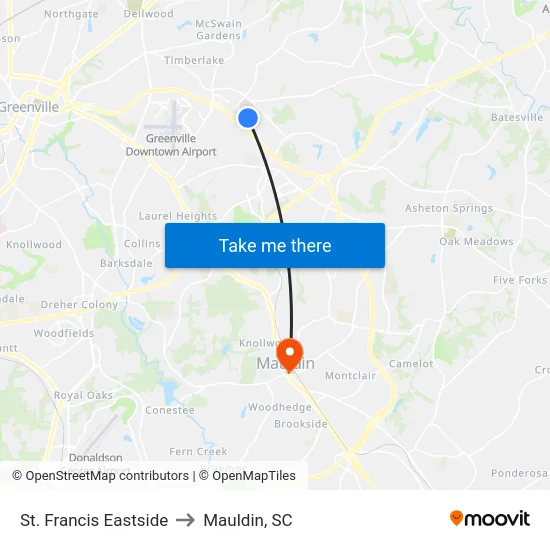 St. Francis Eastside to Mauldin, SC map