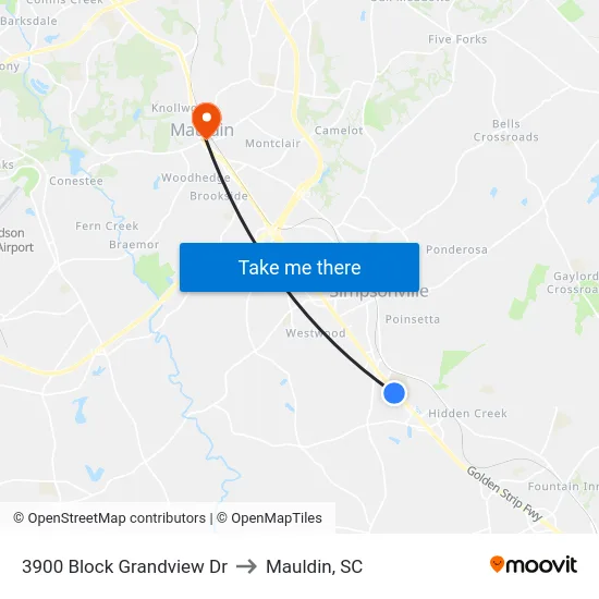 3900 Block Grandview Dr to Mauldin, SC map