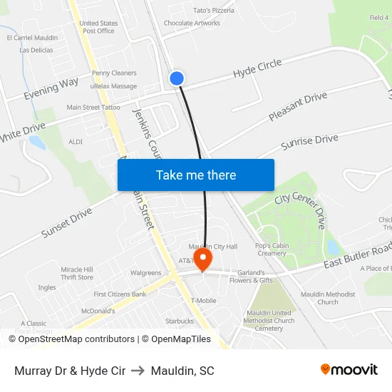Murray Dr & Hyde Cir to Mauldin, SC map
